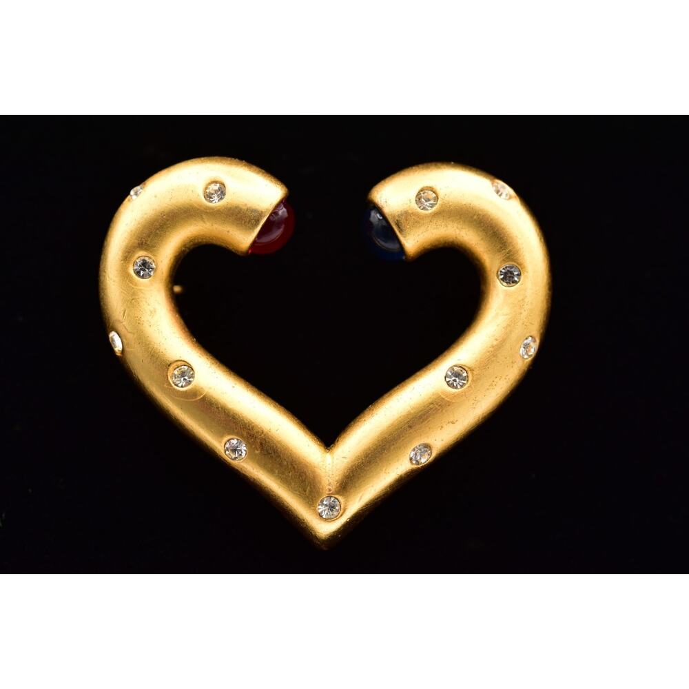 Givenchy Vintage Heart Gripoix Pin Brooch Cabochon Brushed Gold Signed 80s BinBP - Picture 2 of 12